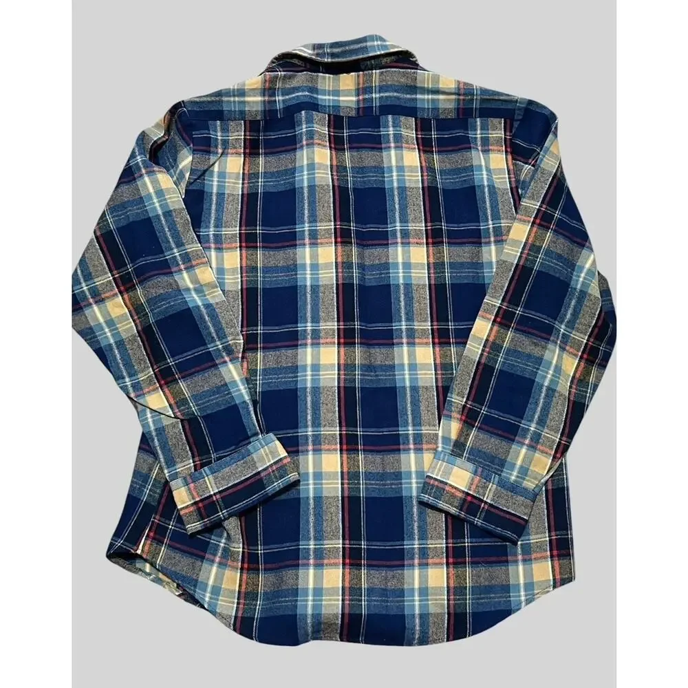 Vtg 70s Sears Mens M Blue Plaid Flannel Acrylic Made in Korea Grunge Distressed